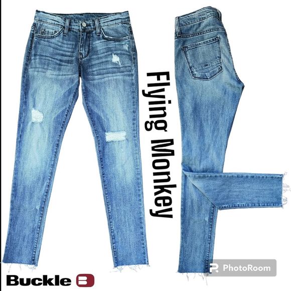 Flying Monkey Denim - Flying Monkey Distressed Frayed Blue Denim Jeans Raw Womens Buckle Skinny